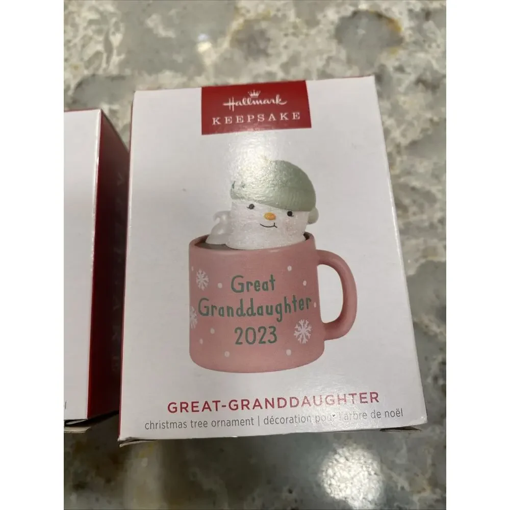 2023 Hallmark Great-Granddaughter Snowman Hot Cocoa Mug Christmas Ornament LOT